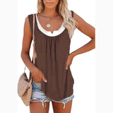 Solid Panel Sleeveless Smocked Tank Top T-shirt