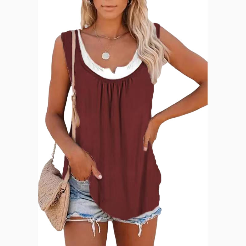 Solid Panel Sleeveless Smocked Tank Top T-shirt