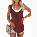 Solid Panel Sleeveless Smocked Tank Top T-shirt