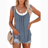 Solid Panel Sleeveless Smocked Tank Top T-shirt