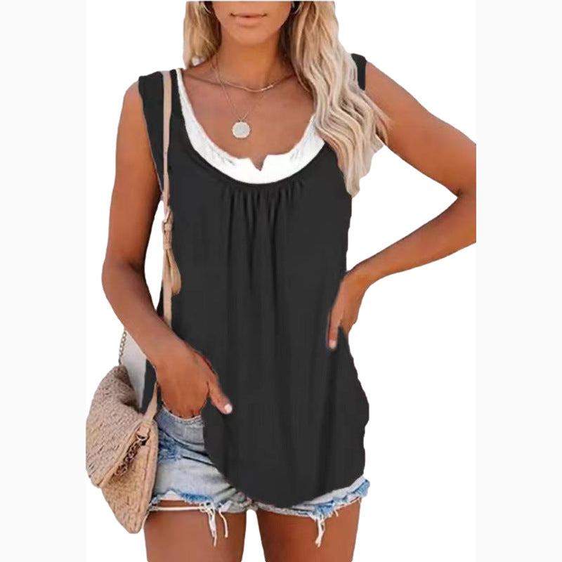 Solid Panel Sleeveless Smocked Tank Top T-shirt