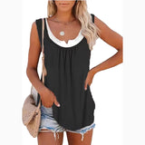 Solid Panel Sleeveless Smocked Tank Top T-shirt
