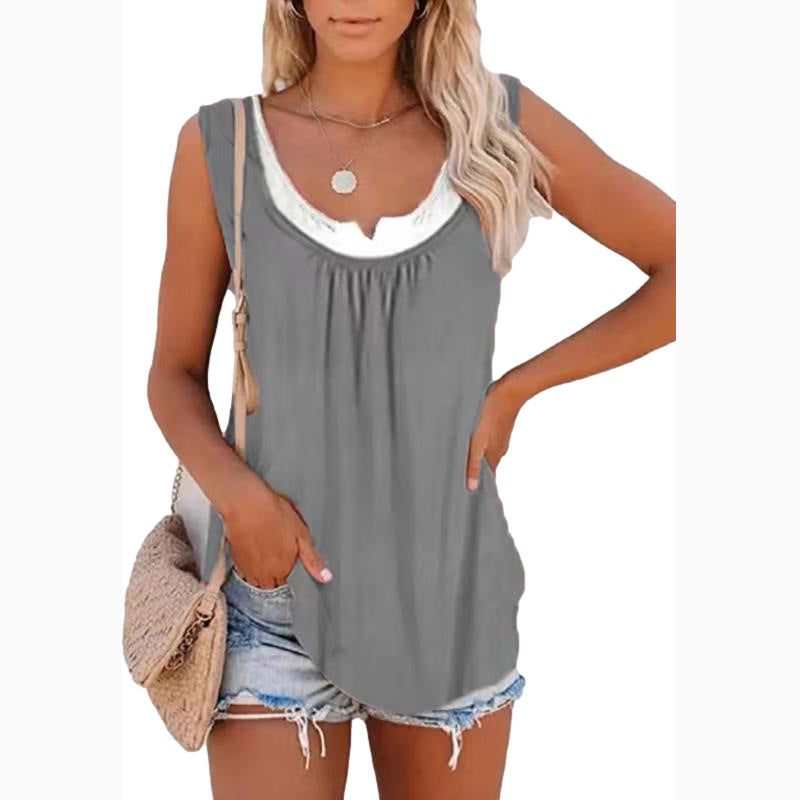 Solid Panel Sleeveless Smocked Tank Top T-shirt