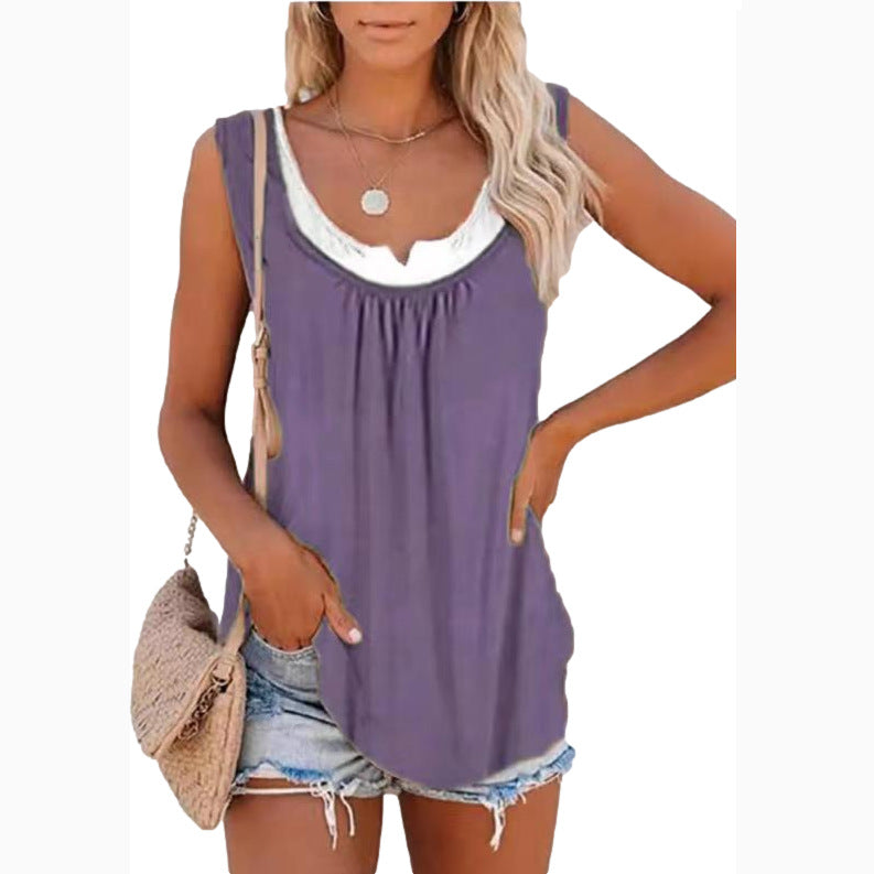 Solid Panel Sleeveless Smocked Tank Top T-shirt