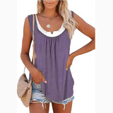 Solid Panel Sleeveless Smocked Tank Top T-shirt