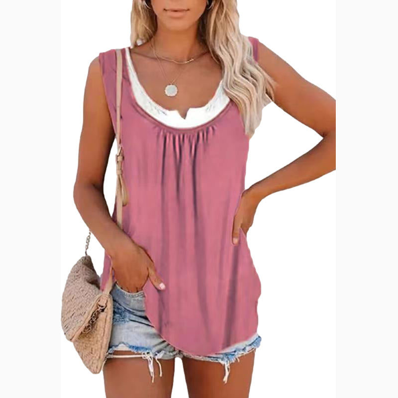 Solid Panel Sleeveless Smocked Tank Top T-shirt