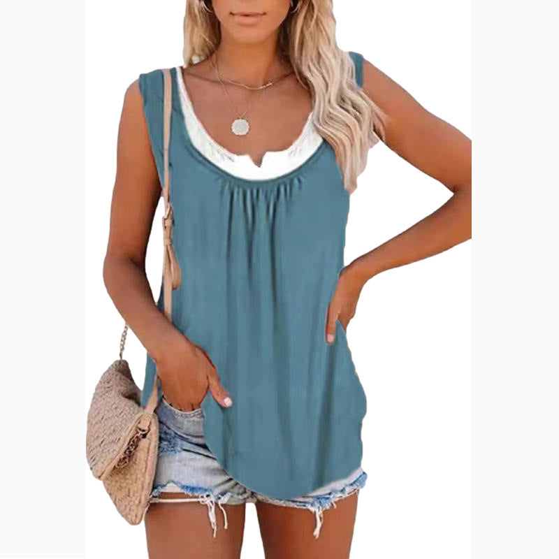 Solid Panel Sleeveless Smocked Tank Top T-shirt