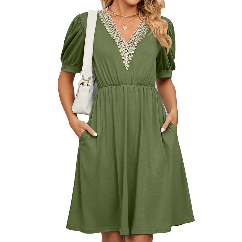 Women Boho V Neck Solid High Waist Tunic Dress