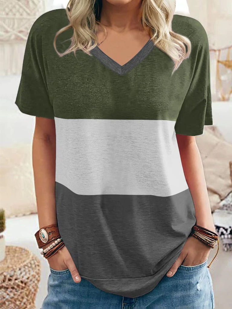Casual Color Block V-Neck T-Shirts