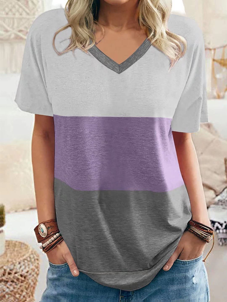 Casual Color Block V-Neck T-Shirts