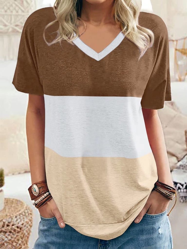 Casual Color Block V-Neck T-Shirts