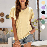 Women's Round Neck Flutter Ruffle Hollow Out Solid Short Sleeve T-Shirt