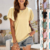 Women's Round Neck Flutter Ruffle Hollow Out Solid Short Sleeve T-Shirt