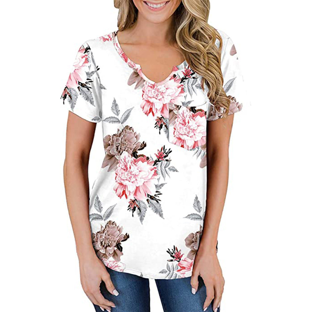 Printed V-Neck Loose T-Shirt