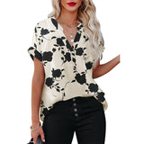 Womens Chiffon Floral Printed Notched Neck Cuffed Short Sleeve Blouse