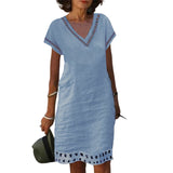 Women Solid Cotton Linen V Neck Hollow Out Short Sleeve Casual Shift Dress
