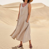 Women Casual Sleeveless Linen Sundress Pocket Beach Solid Color Long Dress