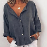 Plain Button Casual V-Neck Linen Shirt