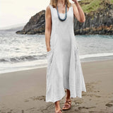 Women Casual Sleeveless Linen Sundress Pocket Beach Solid Color Long Dress