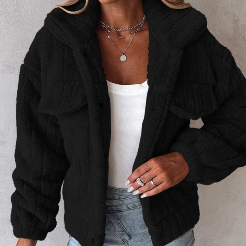 Women Turn-down Collar Buttoned Teddy Jacket Fleece Coat