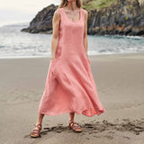 Women Casual Sleeveless Linen Sundress Pocket Beach Solid Color Long Dress