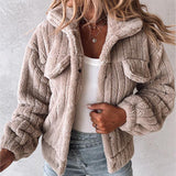 Women Turn-down Collar Buttoned Teddy Jacket Fleece Coat
