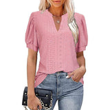 Women V-neck Hollow Out Solid Casual Short Sleeve T-shirt