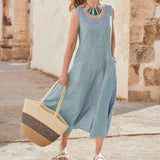 Women Casual Sleeveless Linen Sundress Pocket Beach Solid Color Long Dress