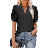 Women V-neck Hollow Out Solid Casual Short Sleeve T-shirt