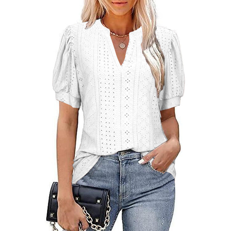 Women V-neck Hollow Out Solid Casual Short Sleeve T-shirt