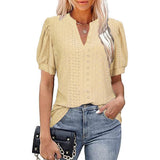 Women V-neck Hollow Out Solid Casual Short Sleeve T-shirt