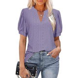 Women V-neck Hollow Out Solid Casual Short Sleeve T-shirt