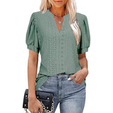 Women V-neck Hollow Out Solid Casual Short Sleeve T-shirt