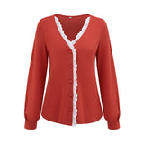 Solid Lace Trim Button Down V Neck Knit Top