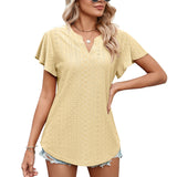 Women's V Neck Flutter Ruffle Hollow Out Solid Short Sleeve T-Shirt