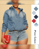 Hooded Zipper Collar Denim Sweatshirt