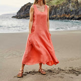 Women Casual Sleeveless Linen Sundress Pocket Beach Solid Color Long Dress