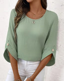Round Neck Solid Color Trumpet Sleeve Draped T-Shirt