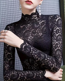 Elegant Solid Half Neckline Long Sleeve Lace Top