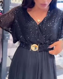 V-Neck Mesh Hem Fashion Dress