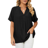 Women Loose Split V-Neck Flowy Plain Short Sleeve