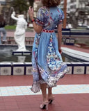 V-Neck Printed Puff Sleeve Slit Dress