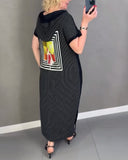 Casual Hooded Graphic Print Slit Dress