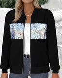 Zippered Sequined Long-Sleeved Coat