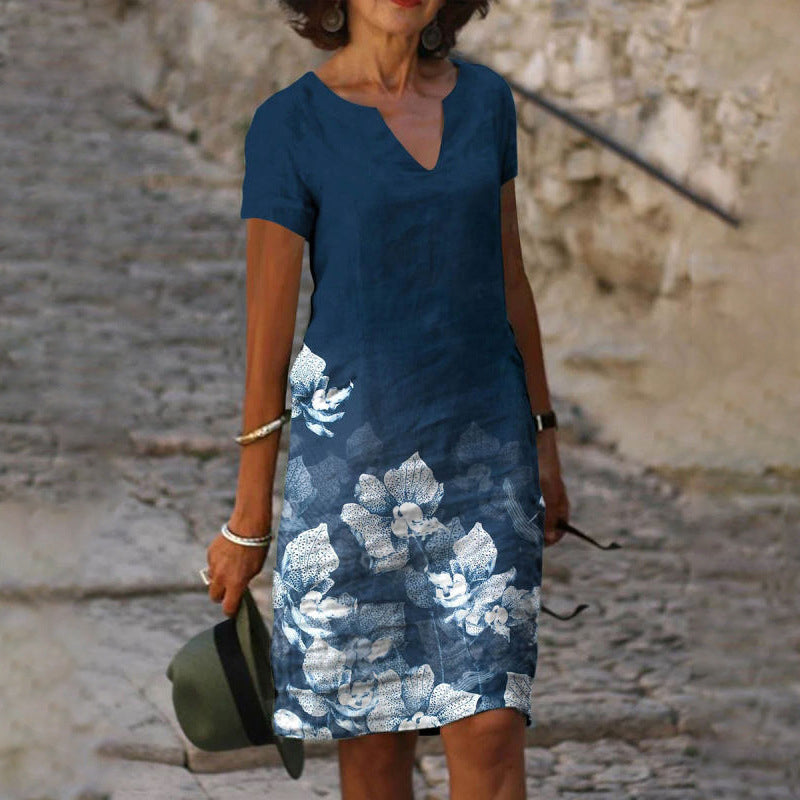Women Cotton Linen Printed Color Gradient Short Sleeve Shift Dress Knee Length