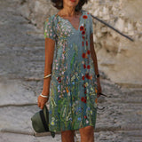 Women Cotton Linen Printed Color Gradient Short Sleeve Shift Dress Knee Length