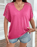 V-Neck Solid Color Hollow Stitching T-Shirt