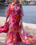 Colorful Printed Lantern Sleeve Loose Dress