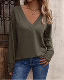 Solid V Neck Long Eyelet Sleeve Shirt