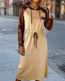 Hooded Tie-Waist Elegant Paneled Leather Dress